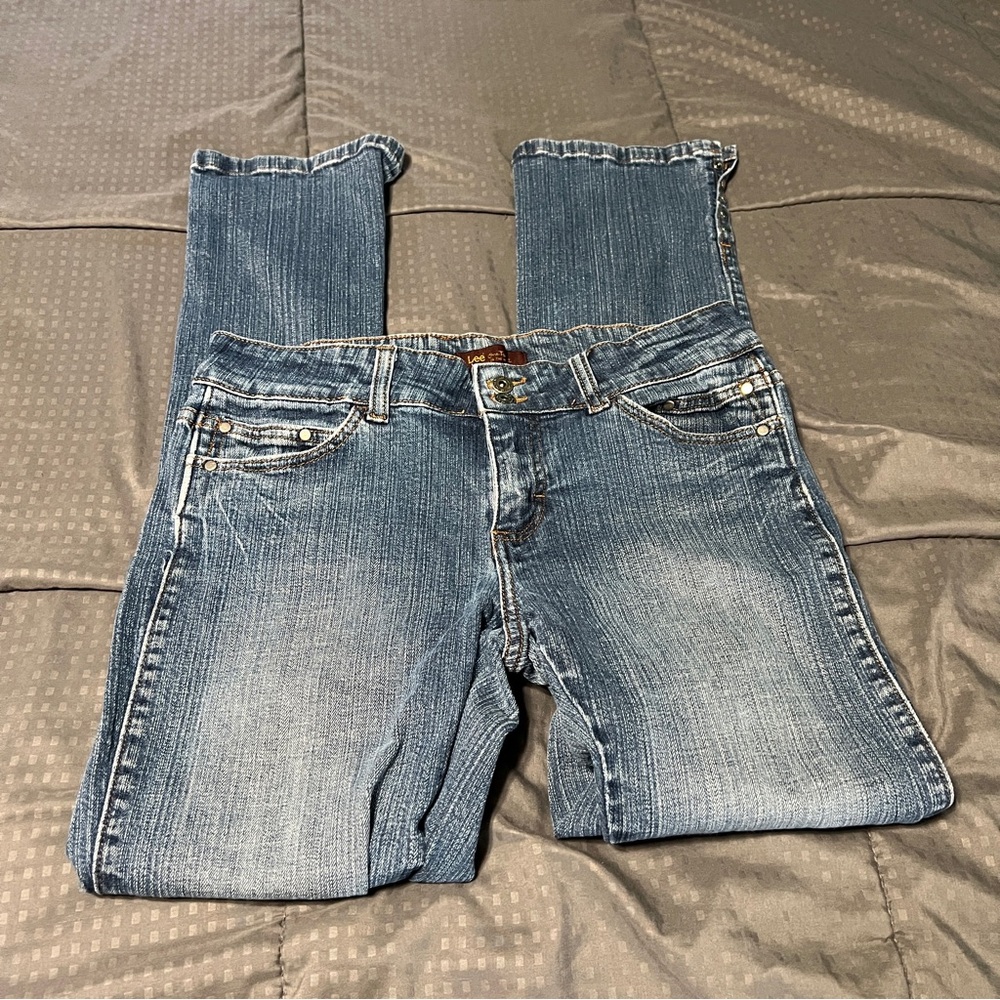 Lee One True Fit Lower On The Waist Blue Jeans Metal Rivet Juniors 7/8M 7 8